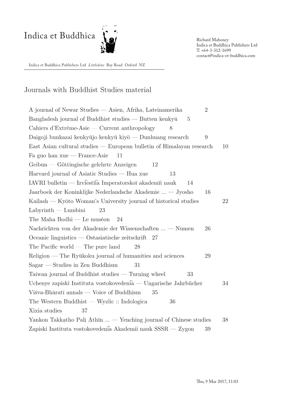 Indica Et Buddhica -- Journals with Buddhist Studies Material