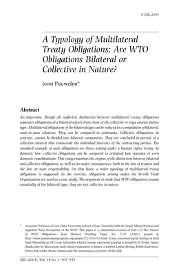 A Typology of Multilateral Treaty Obligations: Are WTO Obligations Bilateral Or Collective in Nature?