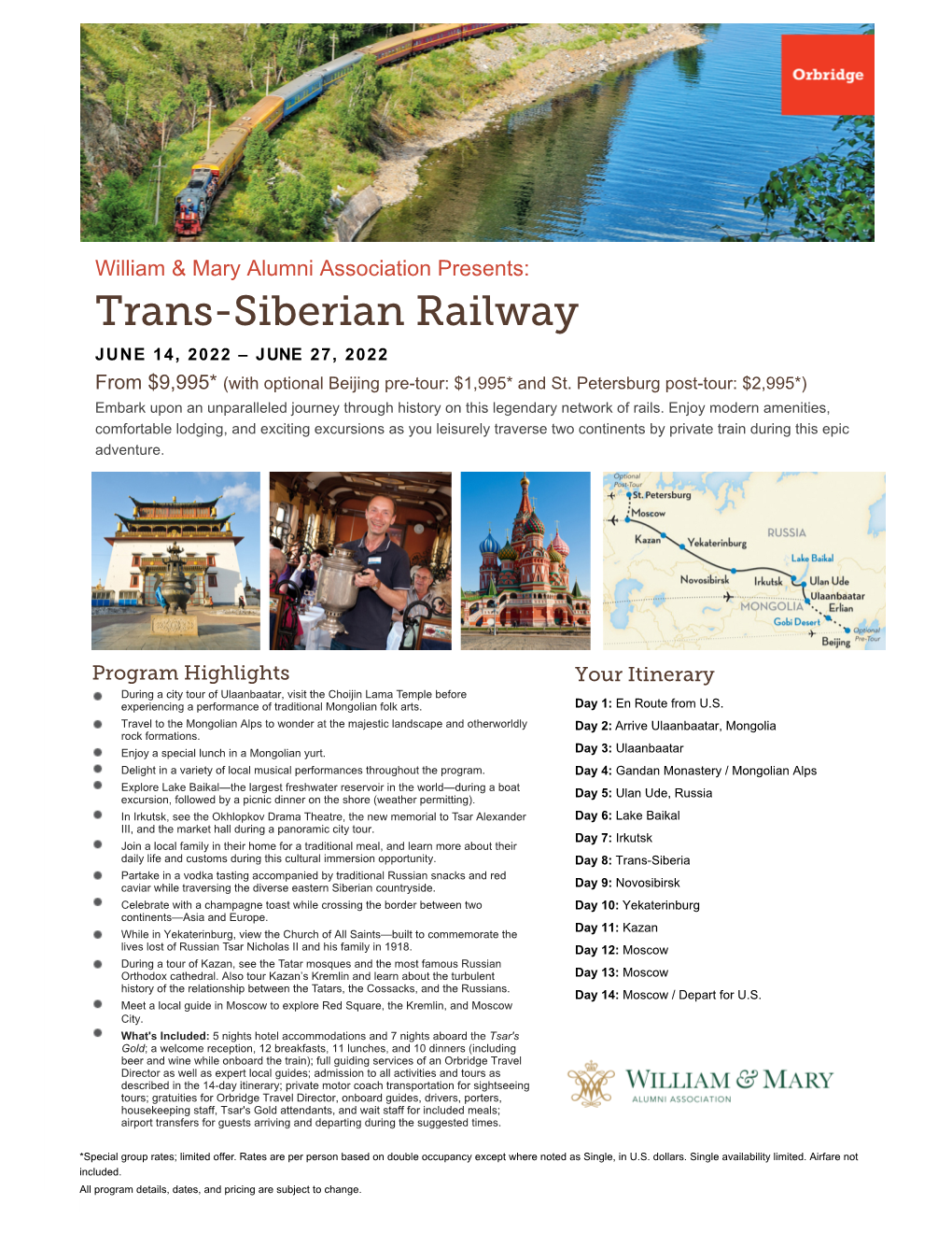 Trans-Siberian Railway JUNE 14, 2022 – JUNE 27, 2022 from $9,995* (With Optional Beijing Pre-Tour: $1,995* and St
