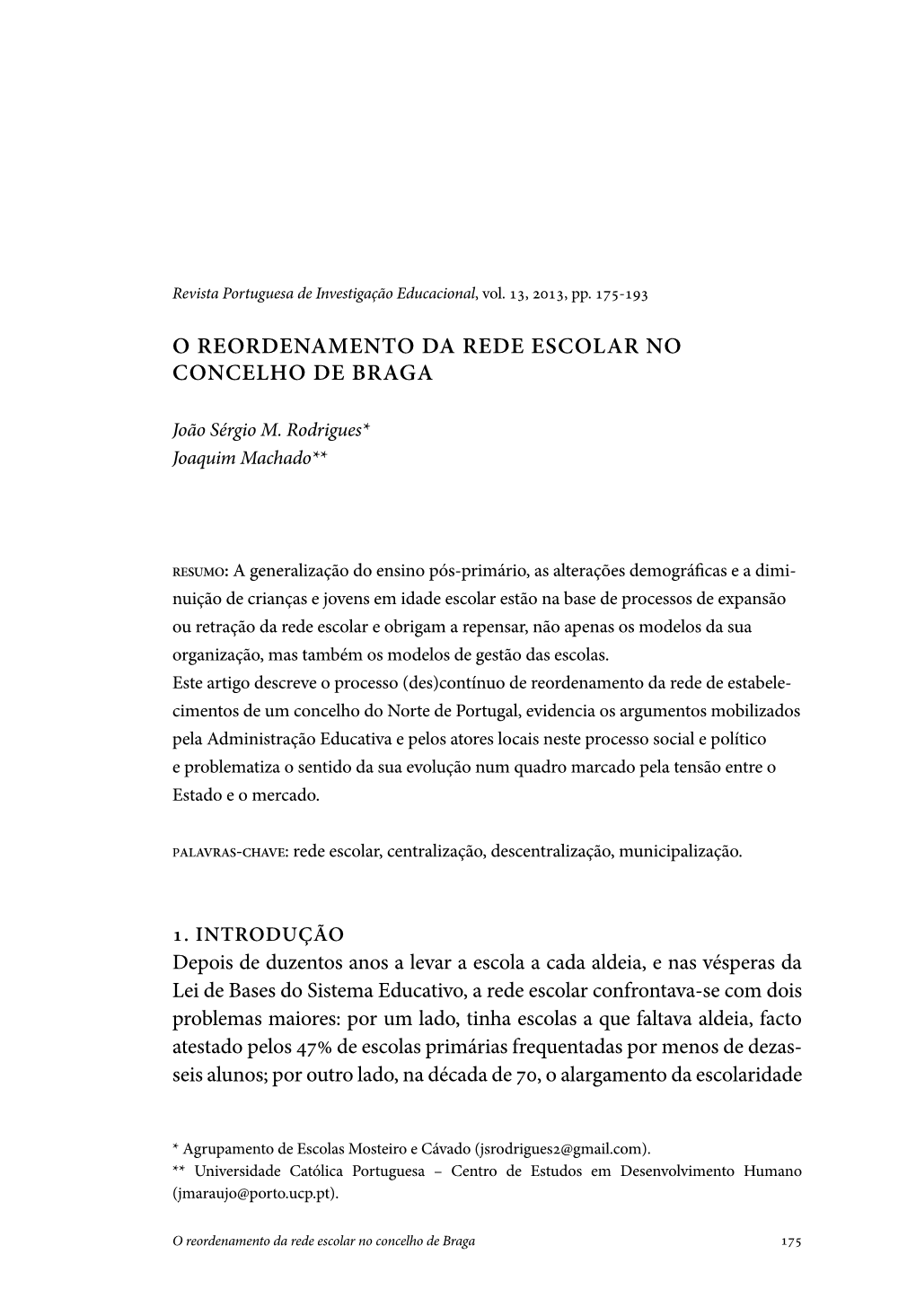 O Reordenamento Da Rede Escolar No Concelho De Braga