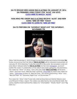 Sia THIS IS ACTING ALBUM PRESS RELEASE November 5, 2015