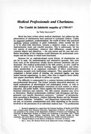 Medical Professionals and Charlatans. the Co Mite De Salubrite Enquete of 1790-91 *