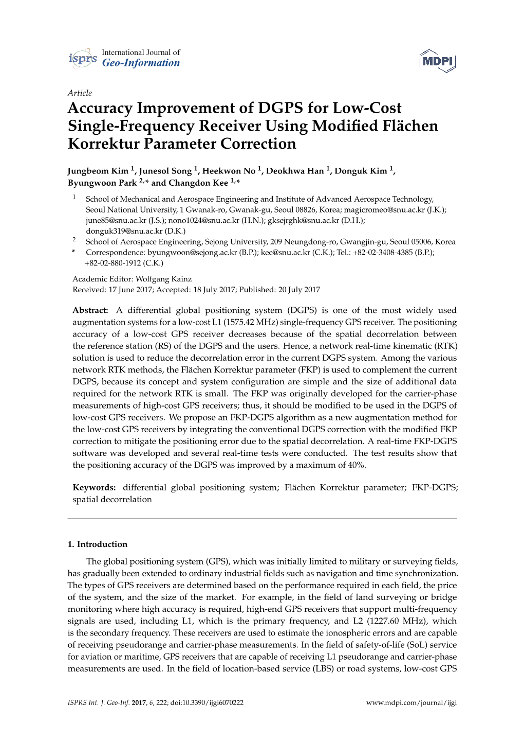 Accuracy Improvement of DGPS for Low-Cost Single-Frequency Receiver Using Modified Flächen Korrektur Parameter Correction
