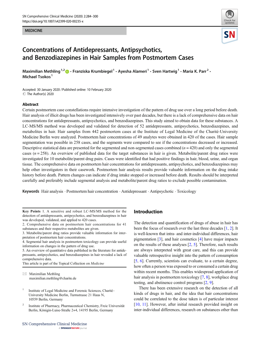 Concentrations of Antidepressants, Antipsychotics, and Benzodiazepines in Hair Samples from Postmortem Cases