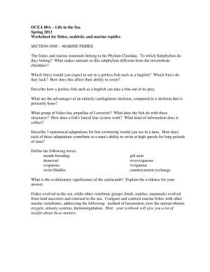 OCEA 80A – Life in the Sea Spring 2013 Worksheet for Fishes, Seabirds, and Marine Reptiles