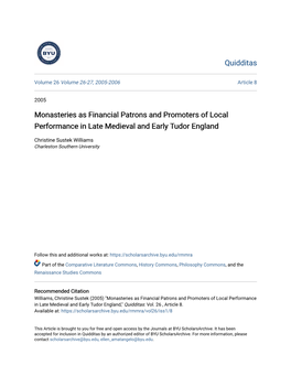 Monasteries As Financial Patrons and Promoters of Local Performance in Late Medieval and Early Tudor England
