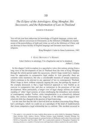 The Eclipse of the Astrologers: King Mongkut, His Successors, and the Reformation of Law in Thailand
