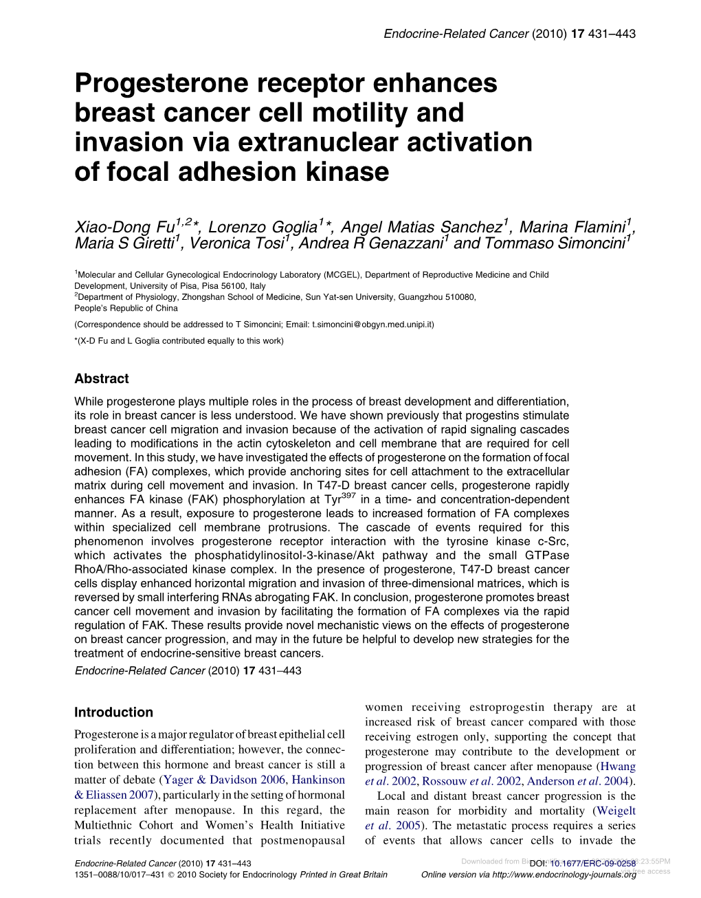 Progesterone Receptor Enhances Breast Cancer Cell Motility and Invasion Via Extranuclear Activation of Focal Adhesion Kinase