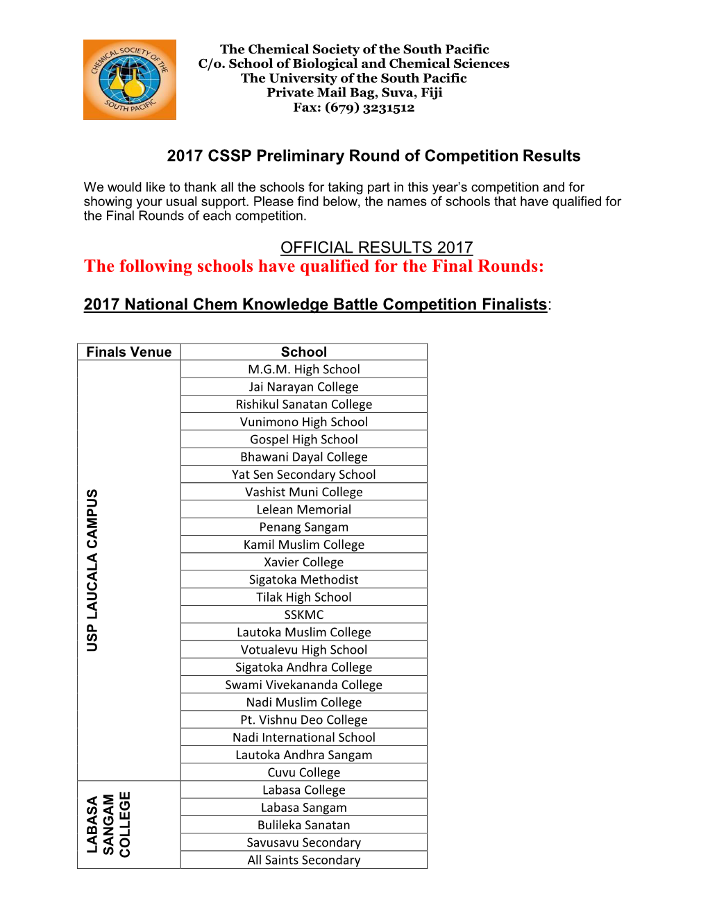 The Following Schools Have Qualified for the Final Rounds