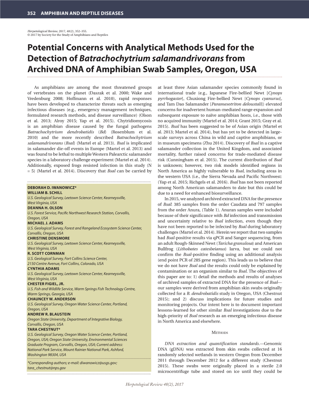 Potential Concerns with Analytical Methods Used for the Detection of Batrachochytrium Salamandrivorans from Archived DNA of Amphibian Swab Samples, Oregon, USA