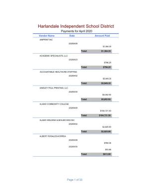 Harlandale Independent School District Payments for April 2020