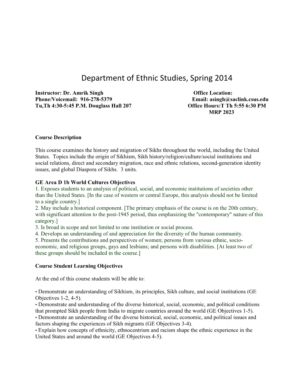 Department of Ethnic Studies, Spring 2014
