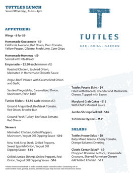 TUTTLES LUNCH Served Weekdays, 11Am - 4Pm