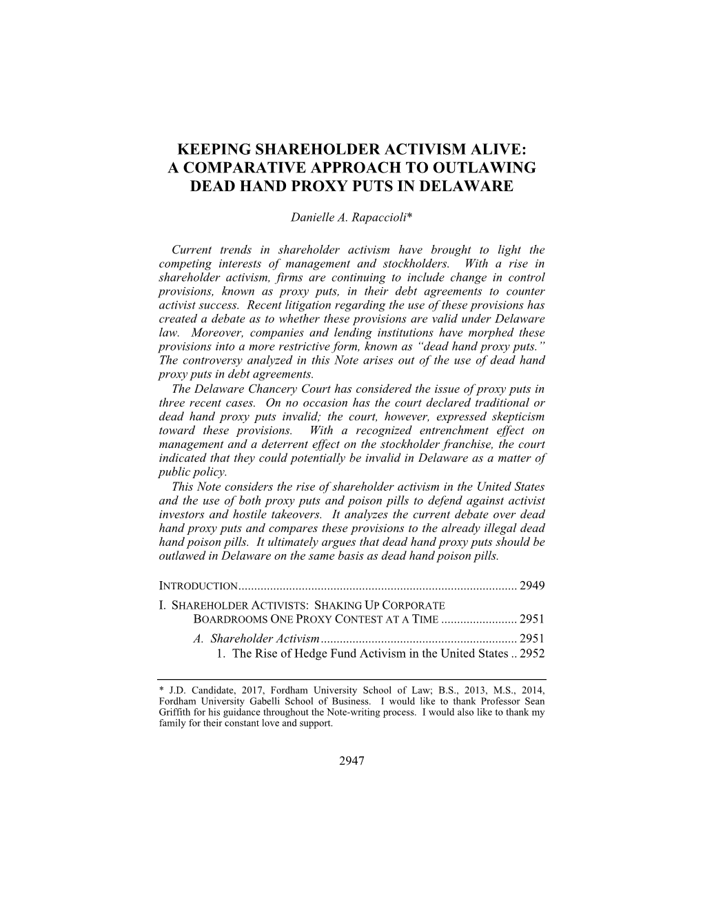 Keeping Shareholder Activism Alive: a Comparative Approach to Outlawing Dead Hand Proxy Puts in Delaware