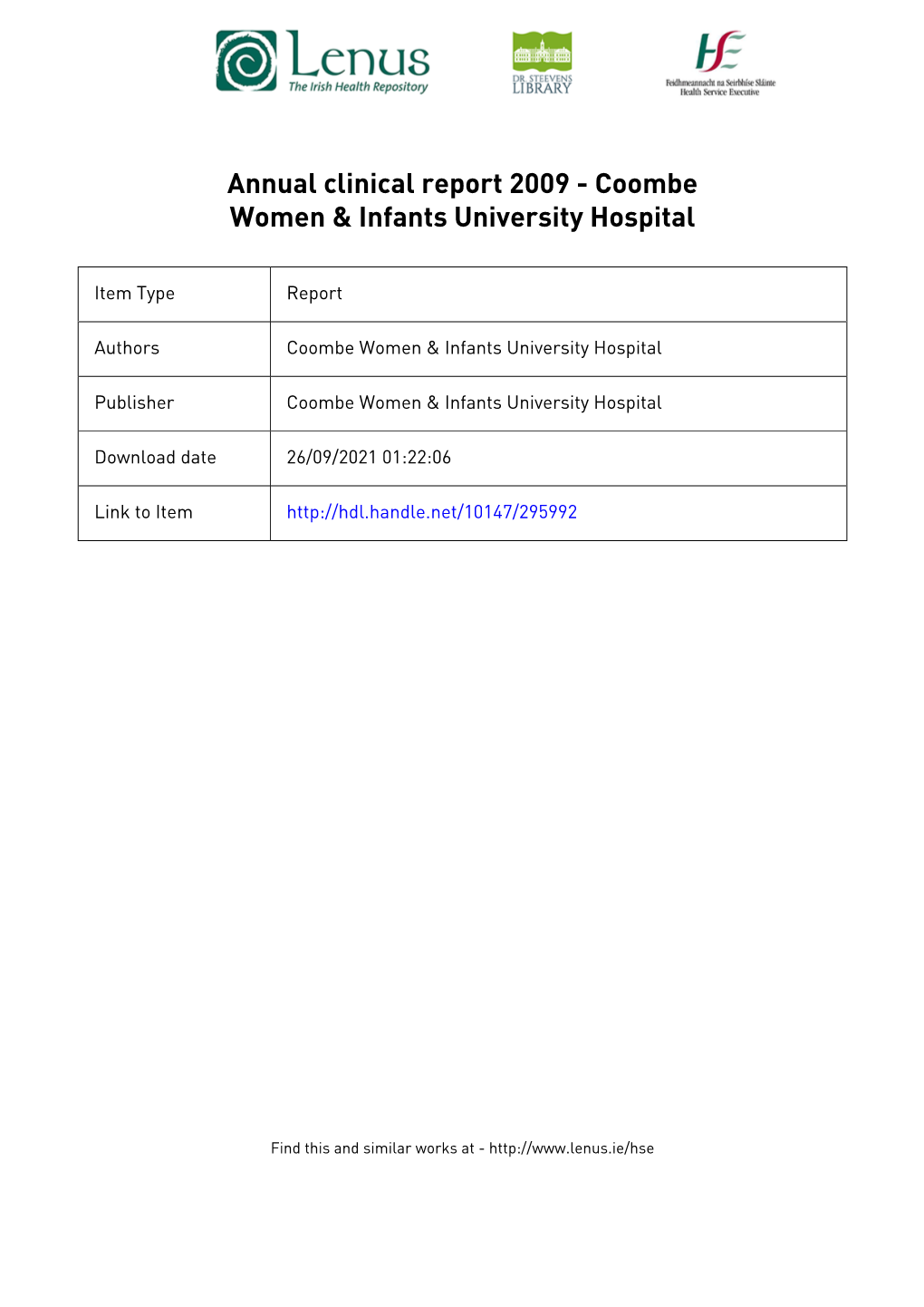 Annual Clinical Report 2009 Coombe Women & Infants University Hospital