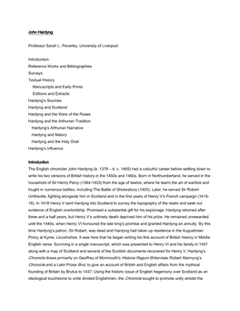 John Hardyng Professor Sarah L. Peverley, University of Liverpool Introduction Reference Works and Bibliographies Surveys Textua