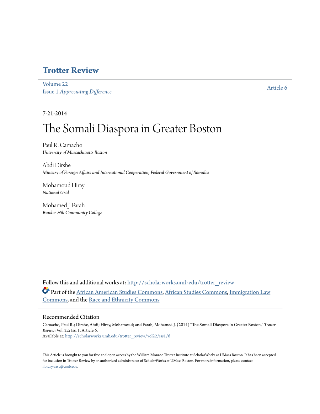 The Somali Diaspora in Greater Boston