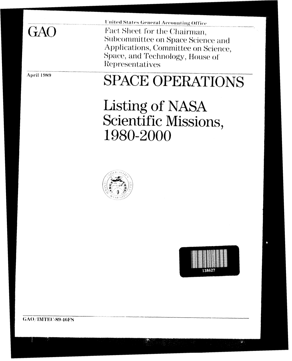 IMTEC-89-46FS Space Operations: Listing of NASA Scientific Missions