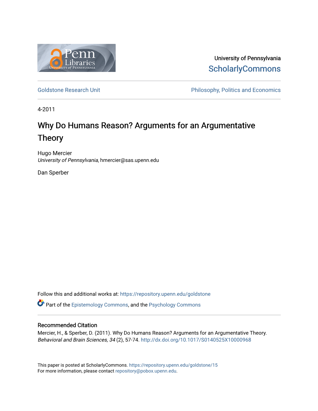 Why Do Humans Reason? Arguments for an Argumentative Theory