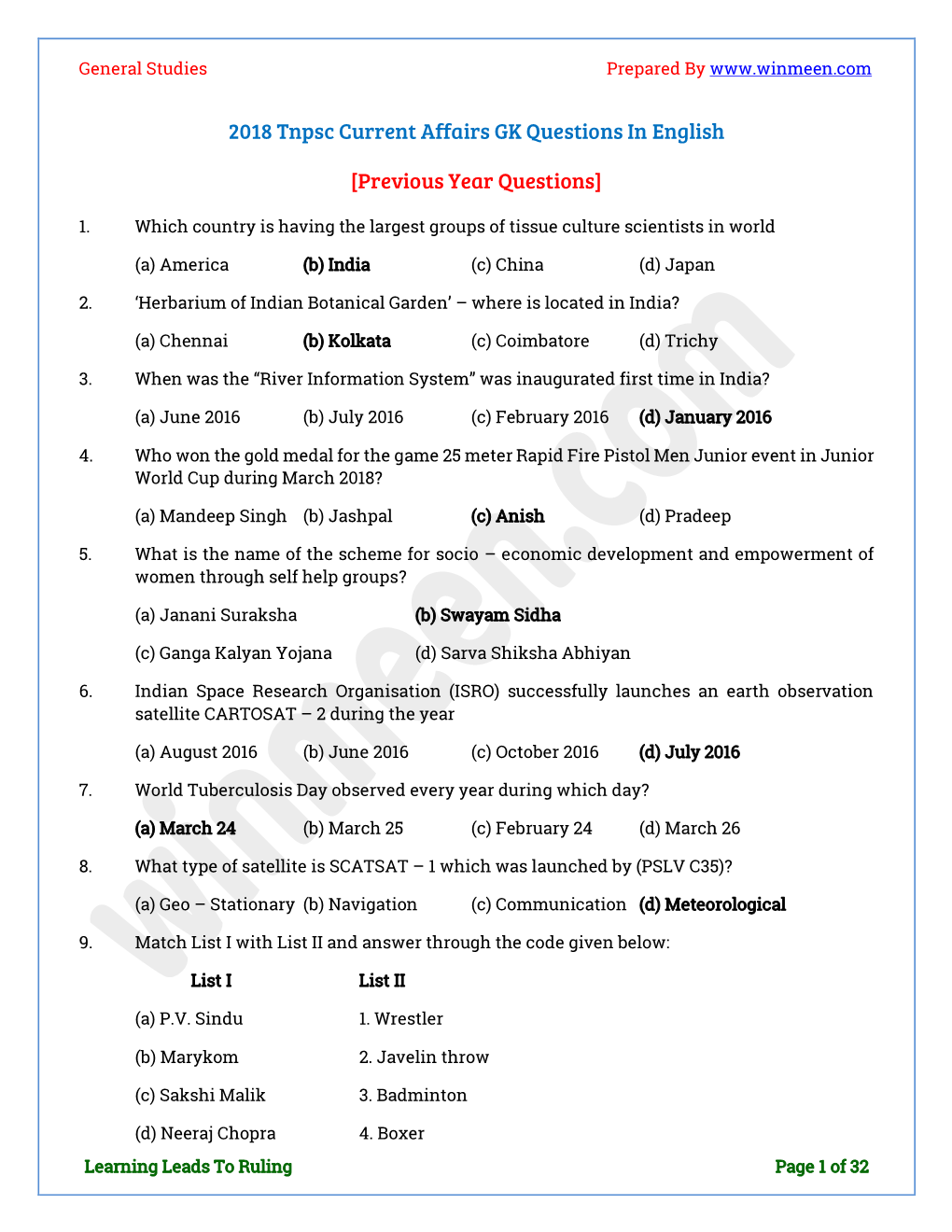 2018 Tnpsc Current Affairs GK Questions in English [Previous Year