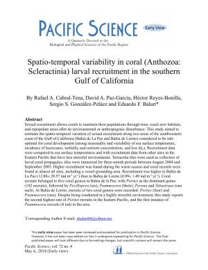 (Anthozoa: Scleractinia) Larval Recruitment in the Southern Gulf of California