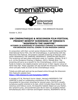 Nosferatu the Vampyre” October 29 Screening at Sundance Cinemas Is Fundraiser for Bringing Digital Cinema to Uw-Madison Campus