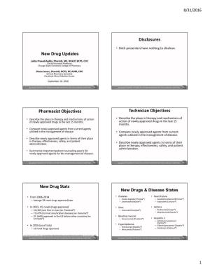 Disclosures Pharmacist Objectives Technician Objectives New Drug