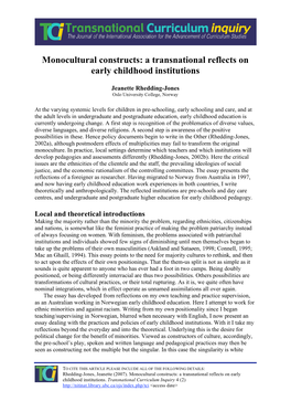 Monocultural Constructs: a Transnational Reflects on Early Childhood Institutions