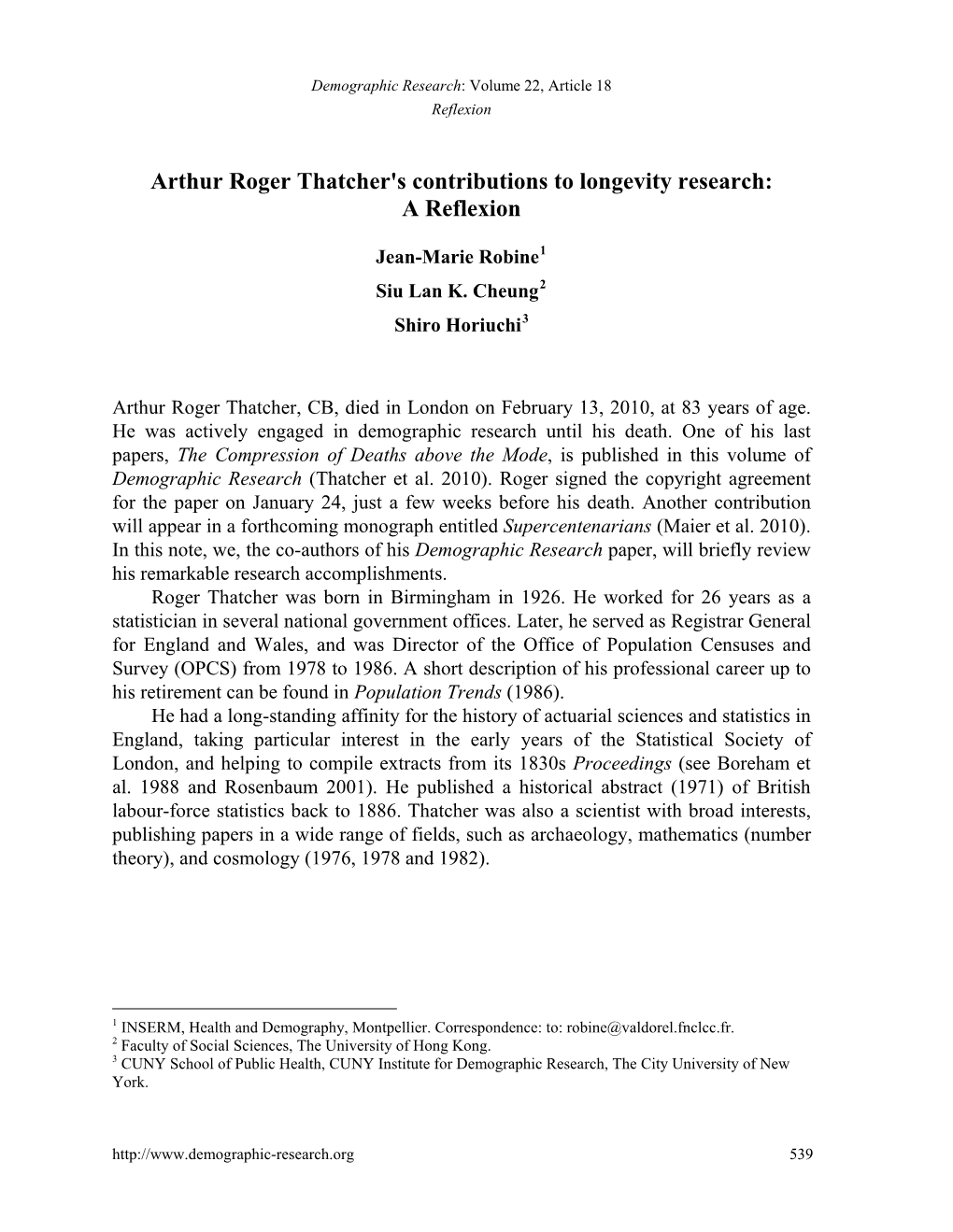 Arthur Roger Thatcher's Contributions to Longevity Research: a Reflexion