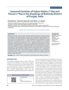 Seasonal Variation of Indoor Radon (222Ra) and Thoron (220Ra) in the Dwellings of Bathinda District of Punjab, India