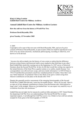 Annual Liddell Hart Centre for Military Archives Lecture