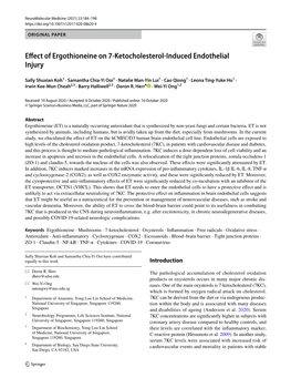 Effect of Ergothioneine on 7-Ketocholesterol-Induced Endothelial Injury
