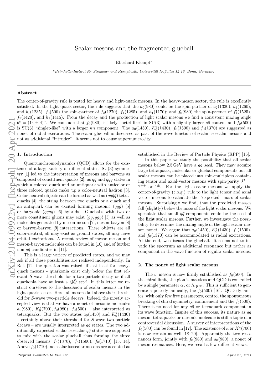 Scalar Mesons and the Fragmented Glueball