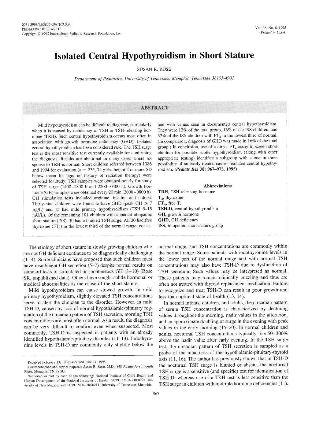 Isolated Central Hypothyroidism in Short Stature