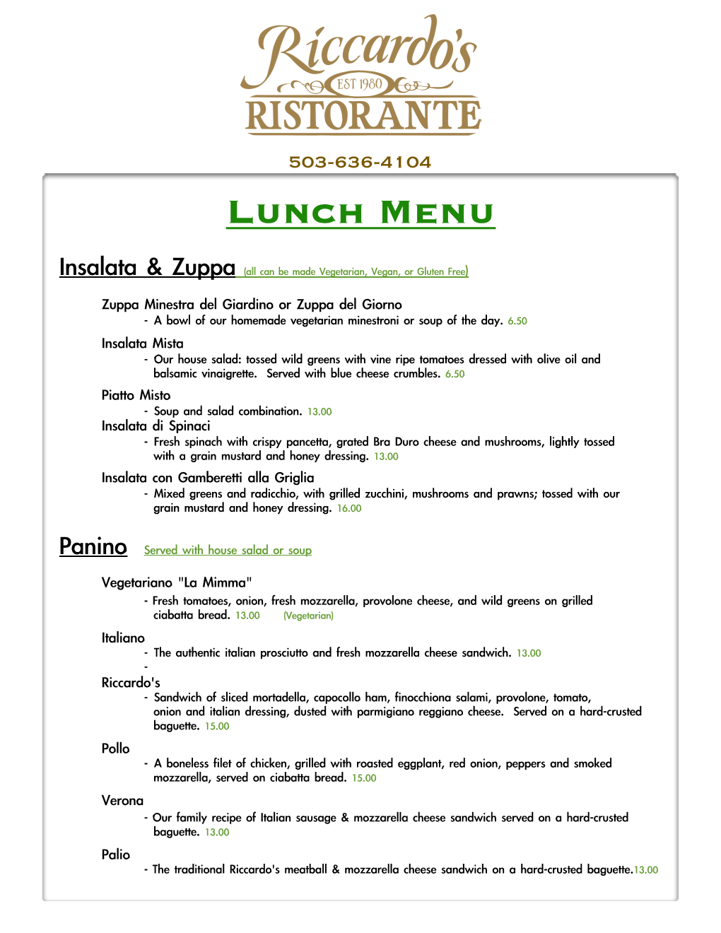 Lunch Menu July 2016