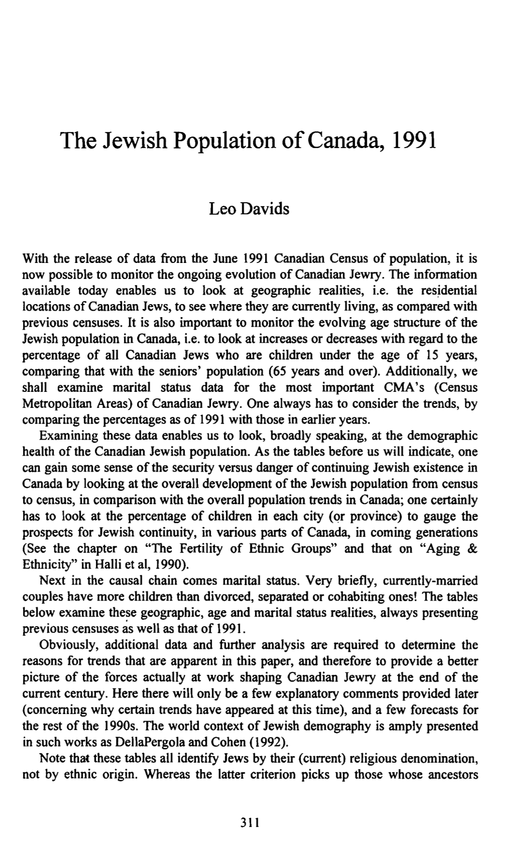 The Jewish Population of Canada, 1991