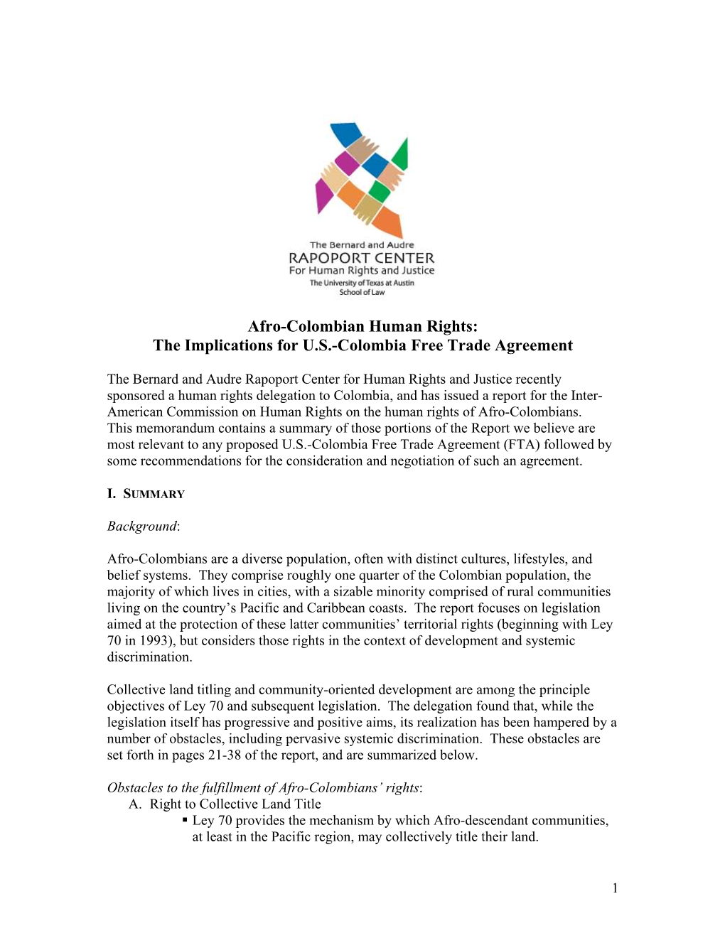 Afro-Colombian Human Rights: the Implications for U.S.-Colombia Free Trade Agreement