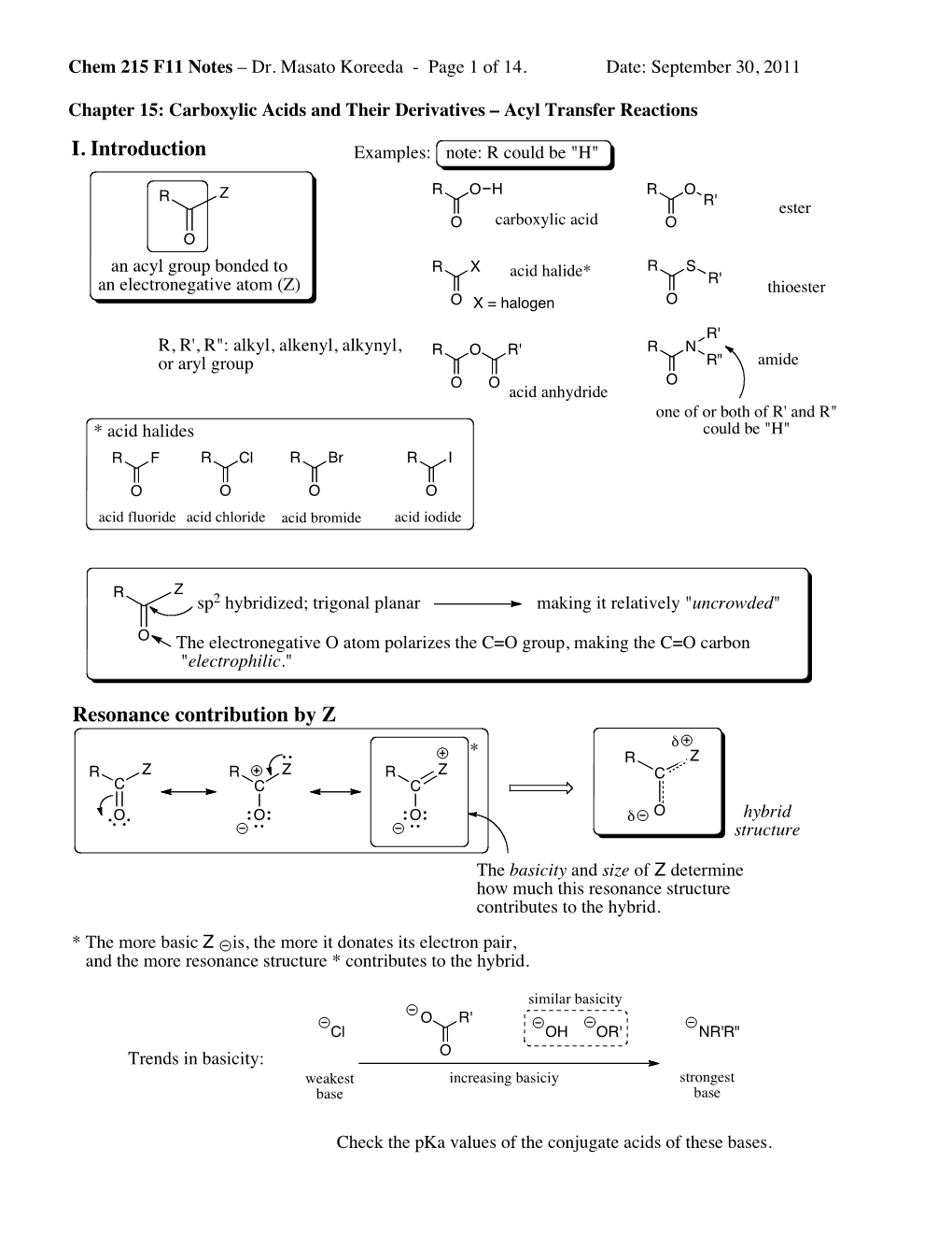 Chem 215 F11 Notes – Dr. Masato Koreeda - Page 1 of 14