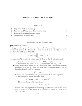 LECTURE 8: the MOMENT MAP Contents 1. Properties of The