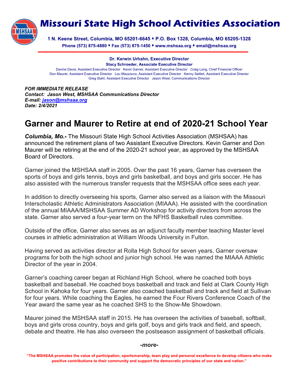 Garner and Maurer to Retire at End of 2020-21 School Year