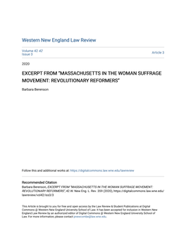 Excerpt from “Massachusetts in the Woman Suffrage Movement: Revolutionary Reformers”