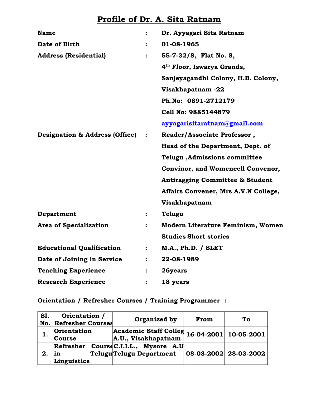 Profile of Dr. A. Sita Ratnam