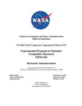 NASA Epscor FY 16 Research CAN