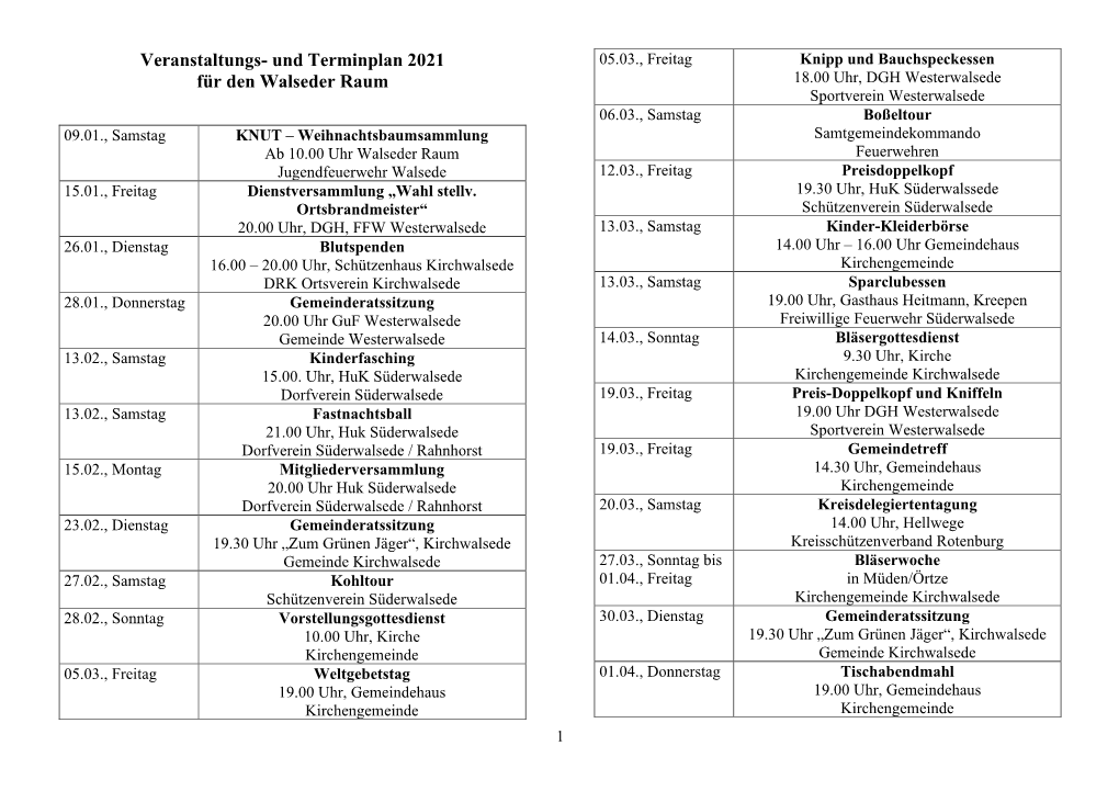 Und Terminplan 2021 Für Den Walseder Raum