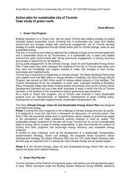 Action Plan for Sustainable City of Toronto Case Study of Green Roofs