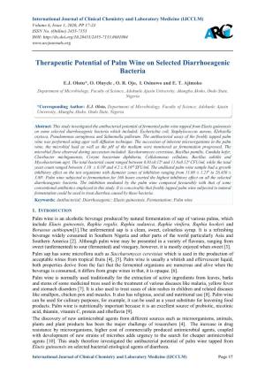 Therapeutic Potential of Palm Wine on Selected Diarrhoeagenic Bacteria