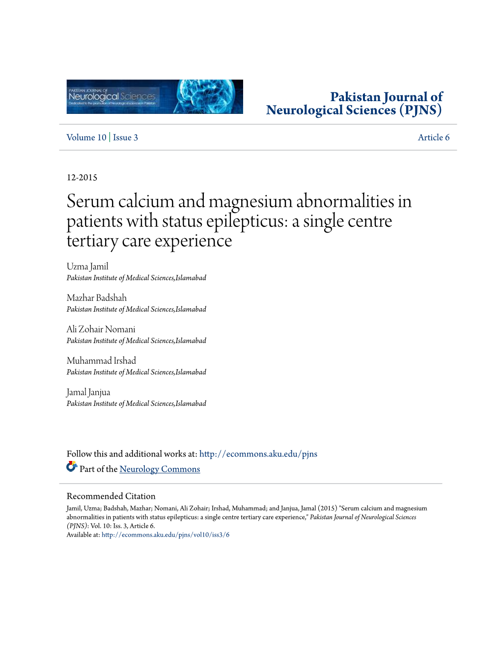 Serum Calcium and Magnesium Abnormalities in Patients with Status