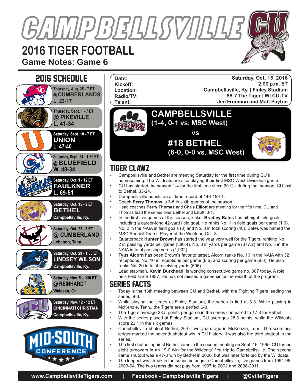 2016 TIGER FOOTBALL Game Notes: Game 6