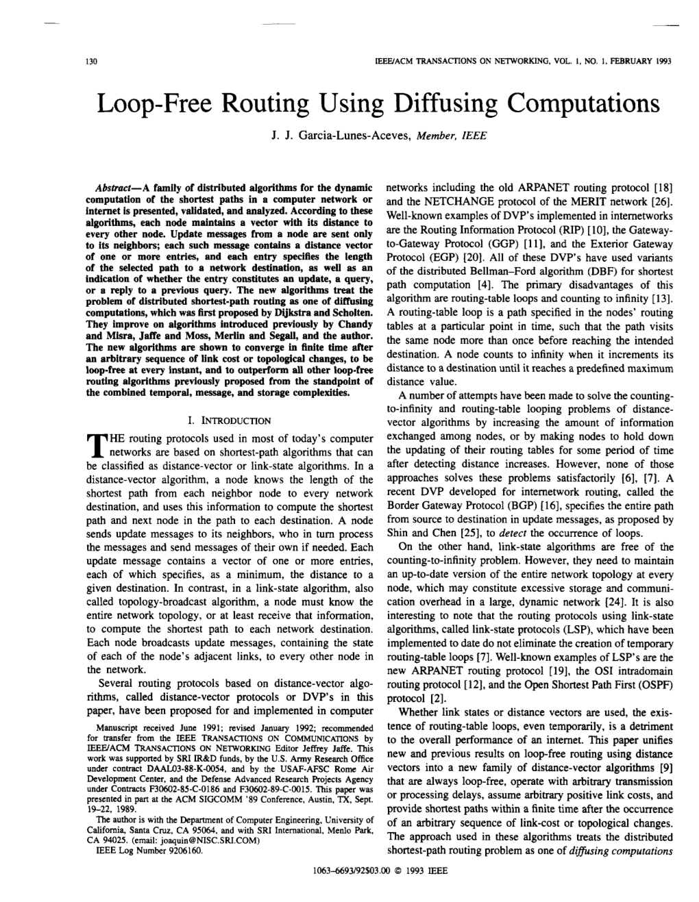 Loop-Free Routing Using Diffusing Computations