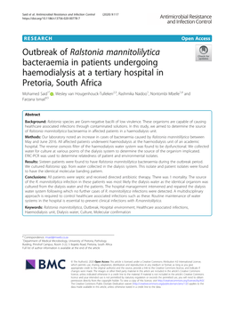 Outbreak of Ralstonia Mannitolilytica Bacteraemia in Patients Undergoing Haemodialysis at a Tertiary Hospital in Pretoria, South